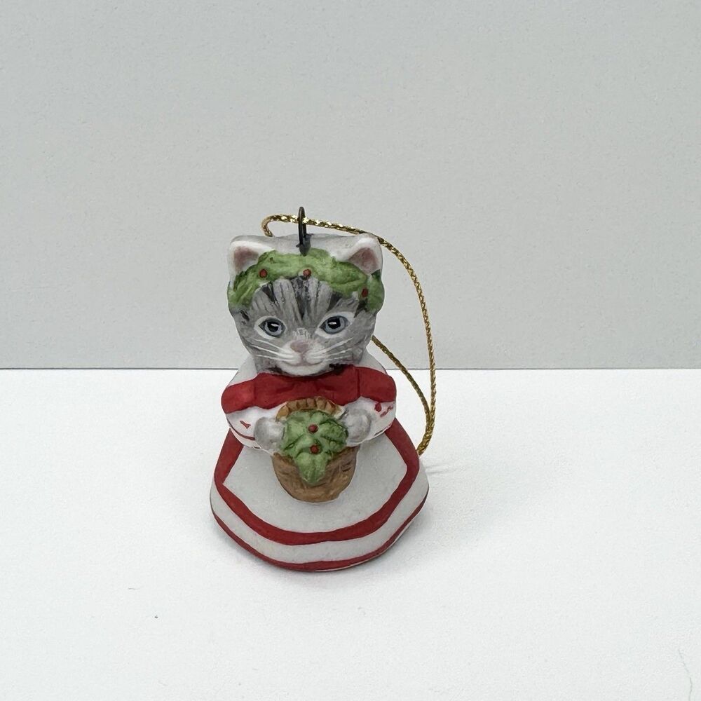1988 Kitty Cucumber Mini Christmas Ornament Lady Cat Dress Holly Basket Figurine